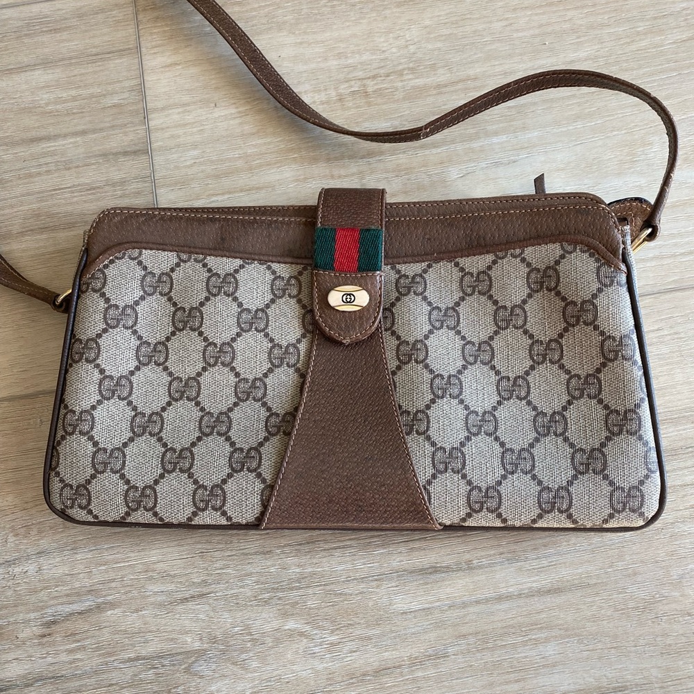 VTG Gucci GG Print Brown Leather Crossbody Bag
